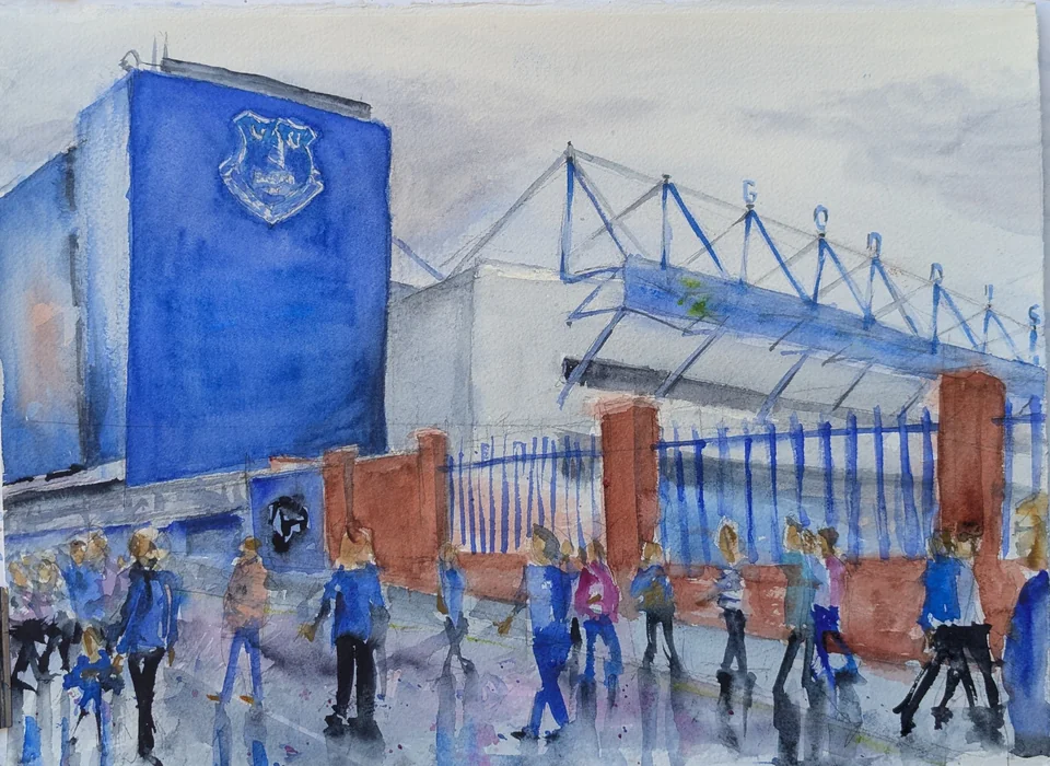 Watercolour: Supporters gathering outside the blue Everton stadium entrance.